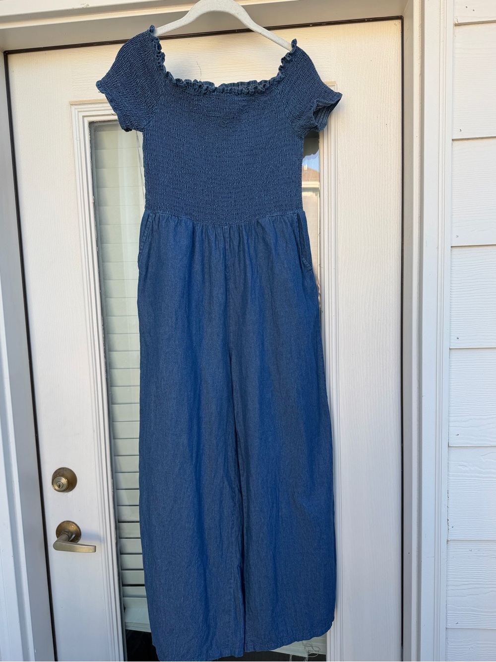Blue Rain Denim Chambray Smocked One-Piece Jumpsuit